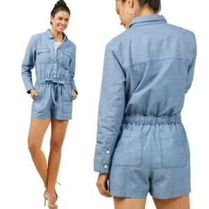 Outerknown Benson Chambray Tie Waist Button Front Jumpsuit Blue Women's Small